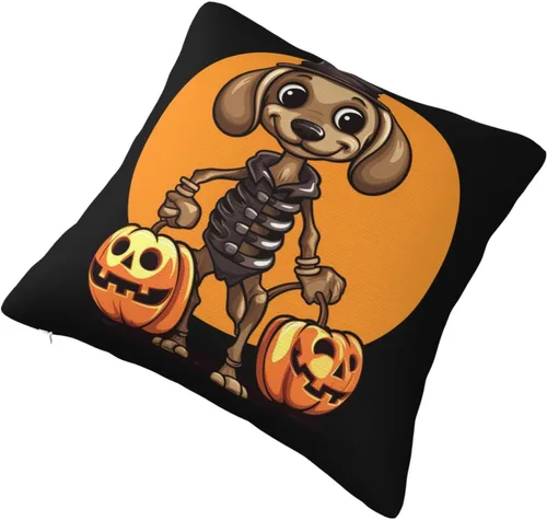 Vista 3 de Happy Halloween - Fundas de almohada de perro salchicha de esqueleto de perro salchicha de 22 x 22 pulgadas, funda de cojín para interiores