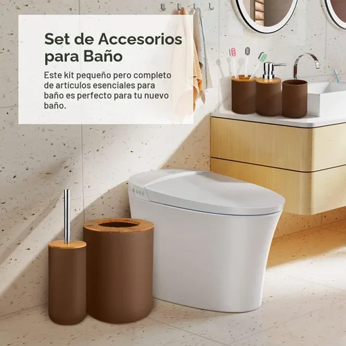 Vista 3 de Juego de 6 accesorios de baño de bambú y plástico, incluye vaso para cepillos de dientes, soporte para cepillos de dientes, dispensador de jabón