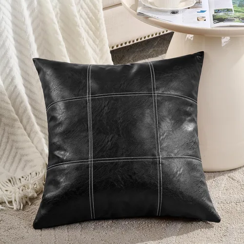 Vista 2 de Fancy Homi Paquete de 2 fundas de almohada decorativas de piel sintética a cuadros negros de 16 x 16 pulgadas para sofá cama sofá, estilo rústico
