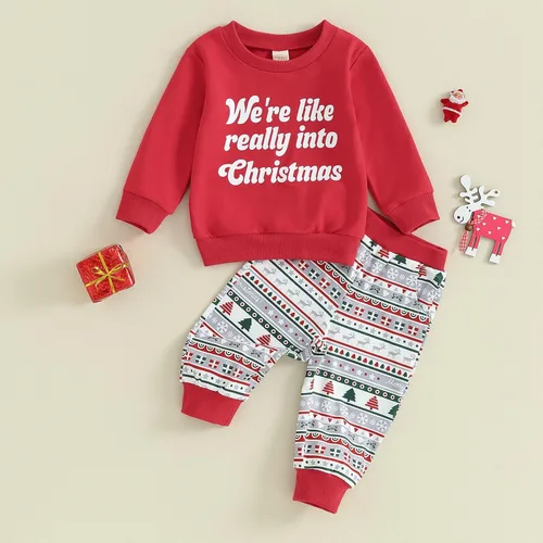 Vista 5 de Madjtlqy Sudadera de manga larga con estampado de letras y pantalones elásticos, ropa de Navidad para bebé
