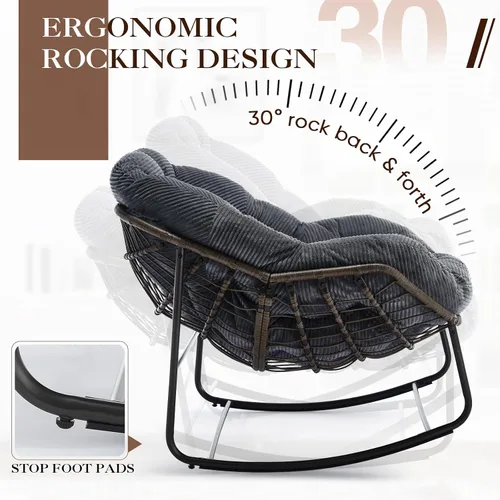 Vista 8 de Mecedora de gran tamaño para interiores, cómoda silla mecedora de pana con cojín grueso y marco, silla mecedora grande de mimbre para sala de estar