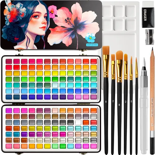 Vista 11 de ARTISTRO Juego de 18 pinturas de acuarela metálicas, juego de paleta que incluye 12 acuarelas metálicas con purpurina y 6 colores camaleón. Juego