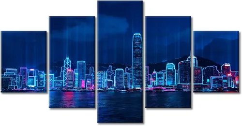 Vista 201 de Cuadros de 5 paneles de Cyberpunk City, arte de pared, representación de vallas publicitarias, edificios modernos en la capital con obras de arte