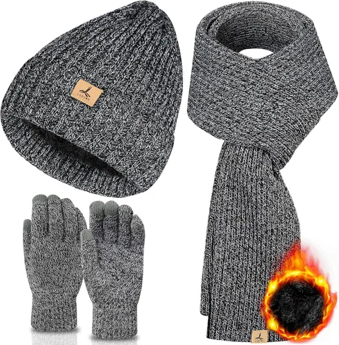 Vista 7 de Winter Hat Scarf Gloves Set, Knitted Ribbed Beanie Winter Gift Men Boys Mezcla gris y negro