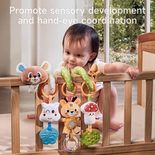 Vista 5 de TUMAMA - Juguete de actividad para bebé, lindo oso en espiral con juguetes colgantes, clips, juguetes sensoriales estimulantes desmontables
