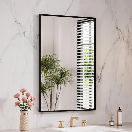 Vista 22 de LOAAO Espejo de Baño de Pared Rectangular Negro de 20"X30", Marco de Aleación de Aluminio Negro Mate, Vidrio Templado, se Cuelga Vertical u