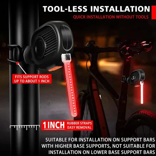Vista 7 de Luz trasera LED para bicicleta, luz de ciclismo de meteoritos - Múltiples modos, recargable por USB, impermeable, adecuada para la mayoría de postes