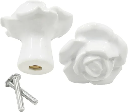 Vista 4 de Bonsicoky 2 tiradores de cajón de rosas blancas, pomos de cerámica para decoración de cajones, gabinetes, aparadores, armarios, puertas Blanco