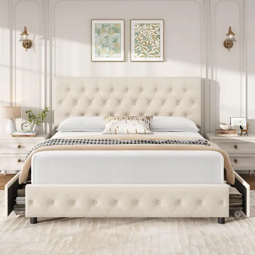 Vista 3 de Marco de cama tapizado moderno con 4 cajones de almacenamiento, diseño de cabecera con botones, soporte de listones de madera maciza, fácil montaje