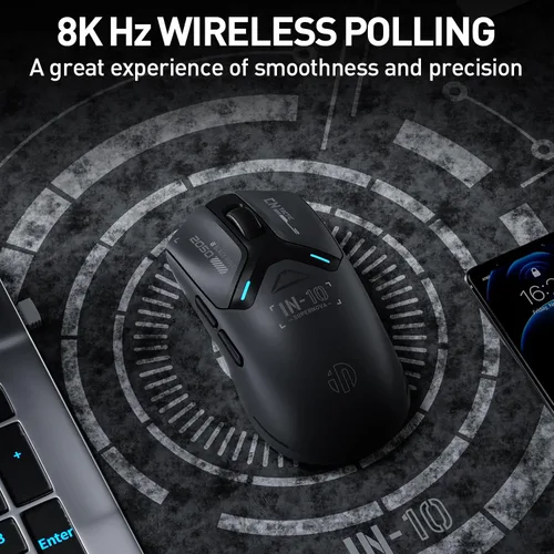 Vista 5 de INPHIC IN10P Superlight - Mouse inalámbrico para juegos, 2.12 oz, tasa de sondeo de 8K, 26,000 DPI, trimodo, sensor PAW3395, totalmente programable