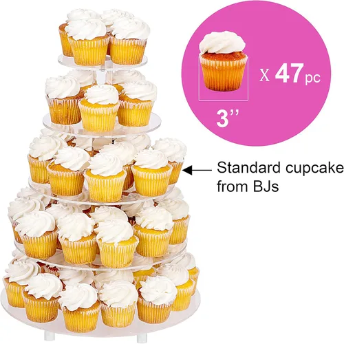 Vista 3 de Jusalpha Soporte redondo de acrílico para cupcakes de 5 niveles, soporte para postres, torre para cupcakes 5RF (5 niveles con base)