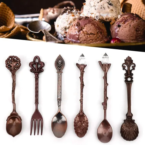 Vista 9 de Juego de 6 cucharas y tenedores, juego de 6 cucharas innovadoras de aleación de zinc, juego de tenedores y cucharas de postre para café, cubiertos