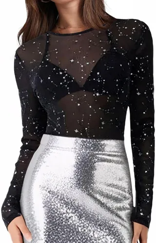 Vista 17 de OFEEFAN - Blusas de malla para mujer con manga larga y encaje, camisetas de cuello redondo ajustadas y transparentes Champán