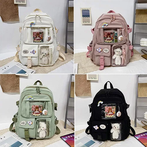 Vista 7 de FETNHU Mochila Preppy, mochila Kawaii con pin Kawaii y accesorios para niñas, mochila estética escolar, Negro-a, 1