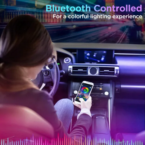 Vista 2 de Xprite Tira de luces LED Dreamcolor para interior de auto con Bluetooth, control remoto y aplicación, luces RGB de persecución para espacio