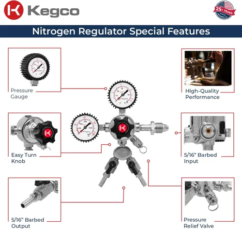 Vista 3 de Kegco Elite Series Dual Gauge Regulador de cerveza de barril de nitrógeno de dos productos, cromo