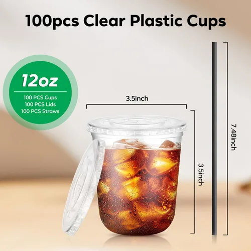 Vista 3 de Paquete de 100 vasos de plástico transparente con tapas planas y pajitas, tazas desechables de 12 onzas para café helado, vasos de plástico