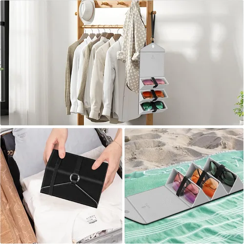 Vista 6 de Fintie Estuche organizador de lentes de sol con 3 ranuras, estuche de viaje para lentes de viaje, caja plegable para mujeres y hombres, color negro