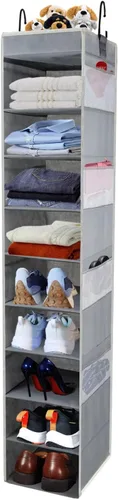Vista 8 de Organizador de zapatos colgante de gran tamaño con 10 estantes, organizador de armario colgante resistente con 8 bolsillos laterales, estantes