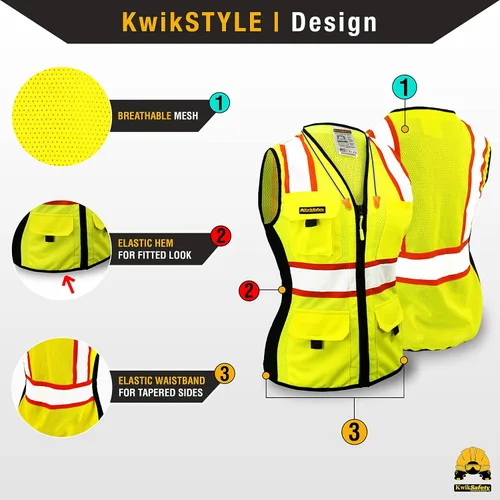 Vista 3 de KwikSafety FIRST LADY - Chaleco de seguridad para mujer [amarillo, L] + paquete de casco blanco con carcasa de tortuga