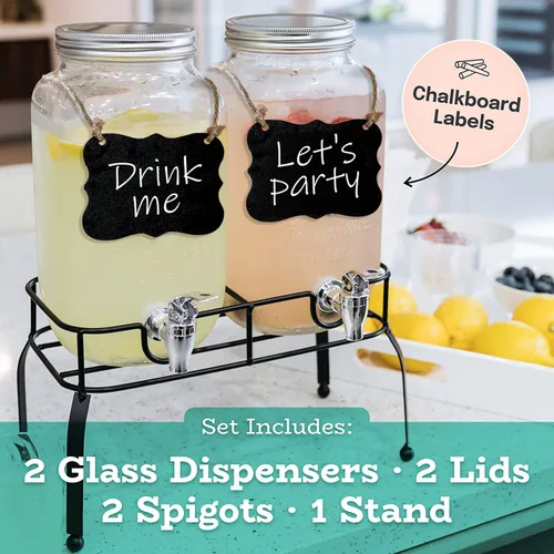 Vista 5 de Estilo Dispensador de bebidas de vidrio para fiestas, juego de 2-1 galón dispensador de bebidas de Halloween con soporte, dispensador de agua