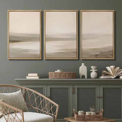Vista 159 de SIGNFORD - Set de obras de arte en lienzo enmarcado para pared, ilustraciones abstractas de neblina del desierto en tonos neutros beige y marrón
