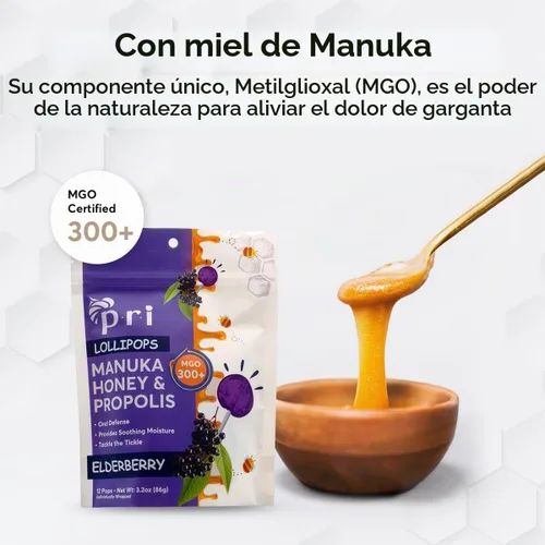 Vista 4 de P.R.I Miel de Manuka con Própolis, Certificada MGO 300+ – Piruletas para calmar la garganta, sabor saúco, (24 piruletas, 184 g)