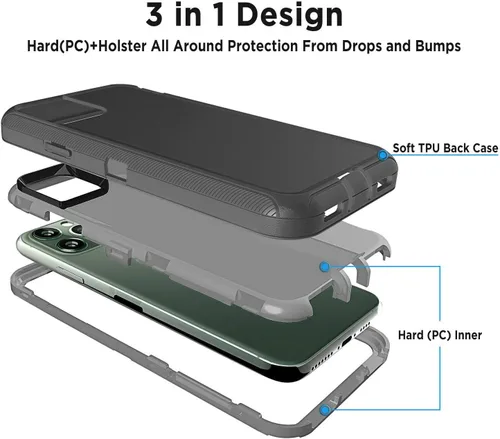 Vista 2 de Funda protectora híbrida a prueba de golpes, diseño de doble capa, cubierta dura compatible con 11 Pro Max (clip+negro-gris)