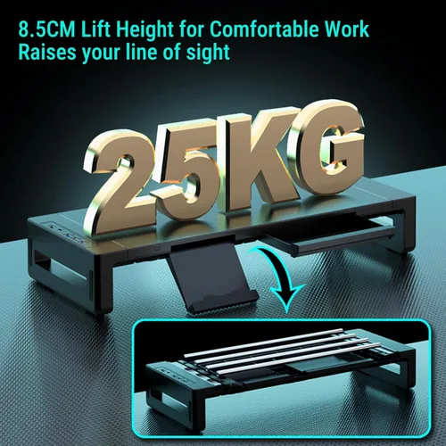 Vista 2 de Jectse Elevador ajustable para pantalla de computadora, soporte ergonómico con soporte para teléfono y cajón de almacenamiento para impresora