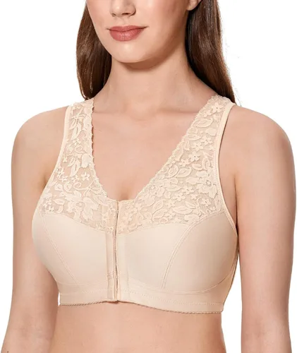 Vista 2 de CALVENA Sujetador de cierre frontal para mujer cobertura completa sin varillas de encaje talla grande espalda cruzada