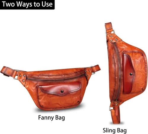 Vista 2 de Riñonera de cuero genuino para mujeres y hombres, bolso cruzado de cuero real vintage, bolso cruzado de moda para la cintura