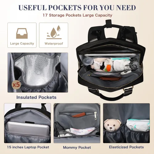 Vista 6 de Mochila para pañales de viaje con cambiador, 17 bolsillos, bolsillos aislados, puerto de carga USB, artículos esenciales para baby shower