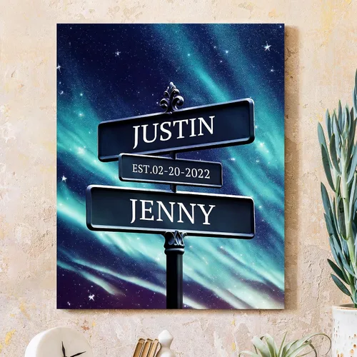 Vista 10 de CP CANVASPATH Letrero de calle con el nombre de la pareja y la fecha, impresiones personalizadas en lienzo del puente de Manhattan por la noche