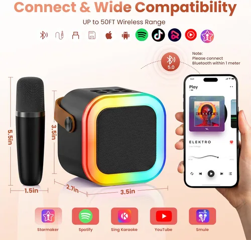 Vista 4 de Mini máquina de karaoke, micrófono de karaoke portátil Bluetooth con altavoz para cantar con 2 micrófonos y luz, monitores de audio de estudio