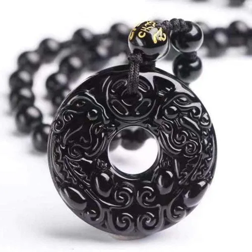 Vista 3 de Colgante valiente de obsidiana natural, cierre seguro, collar de dragón y fénix, estela de dragón chino de piedra tallada, colgante de unicornio