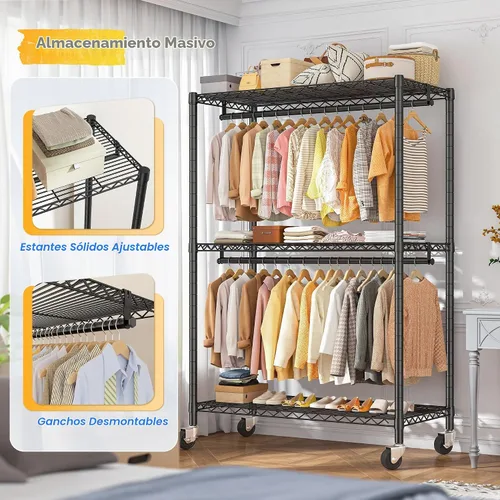 Vista 3 de Raybee Perchero de ropa de 45 pulgadas de ancho para colgar ropa, perchero con ruedas y pies ajustables, carga máxima de 440 libras, color negro