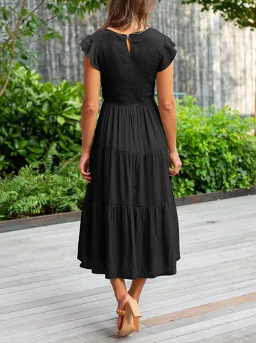 Vista 3 de MEROKEETY - Vestido midi fruncido de manga corta para mujer vestido de verano casual acampanado con cintura elástica y escalonado