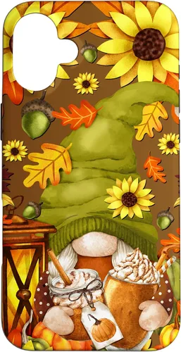 Vista 23 de iPhone 13 Pro Max Lindo gnomo de especias de calabaza con árbol de otoño hojas de otoño