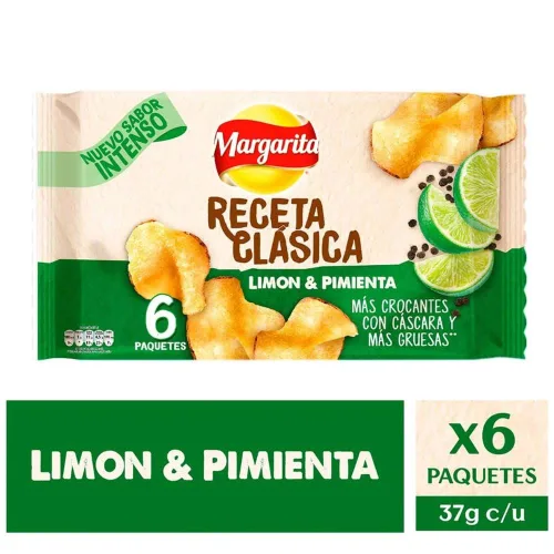 Vista 3 de Papas Margarita (paquete de 12) Patatas fritas extra crujientes alas BBQ y limón sabor a pimienta Papitas Margarita extra crocantes de Alitas BBQ