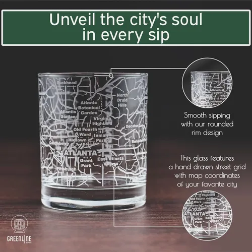 Vista 4 de Vasos tradicionales de whisky, diseño grabado de mapa de la ciudad (2 unidades), Atlanta