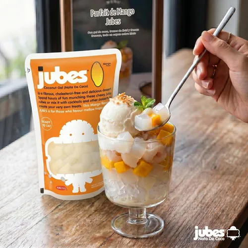 Vista 4 de Jubes Mango Nata De Coco Jelly Cubes 12.7 oz – Cubos de gelatina de coco y mango para sagú – Gel de coco en ingredientes de jarabe para té