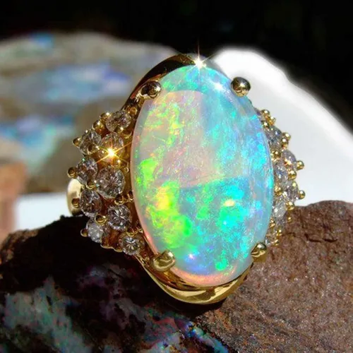 Vista 2 de Outsta Toys Anillo de piedra preciosa, anillo de ópalo de imitación de oro y diamante para mujer, anillo de diamante brillante con circonita cúbica
