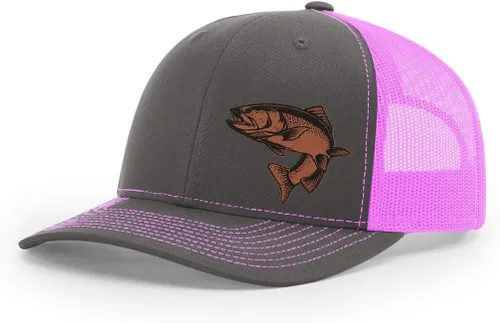 Vista 11 de Sombrero de pesca de trucha con parche de cuero grabado láser Richardson 112 Snapback Trucker Cap
