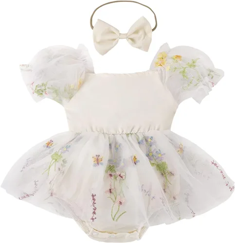 Vista 11 de IDOPIP Conjunto de 2 piezas para bebé recién nacido, con diadema, bordado de flores, tutú, princesa, fiesta de cumpleaños, conjunto de ropa