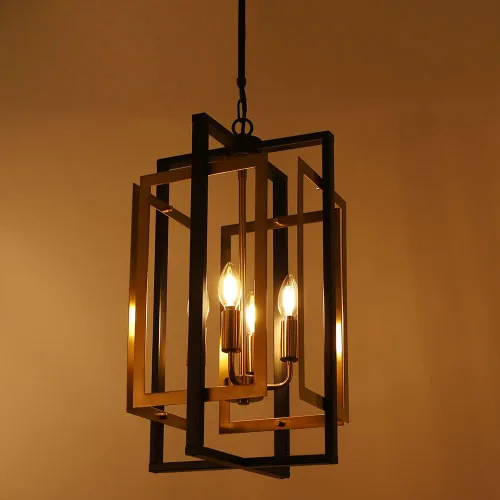 Vista 8 de TOCHIC Candelabro de metal negro y dorado, 4 luces geométricas de jaula para pasillo, entrada, sala de estar, cocina, isla, vestíbulo, bar