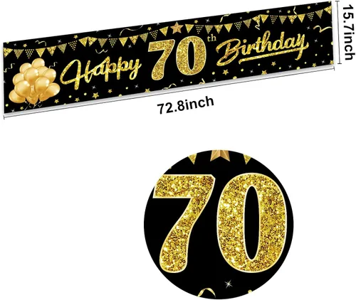 Vista 2 de Cartel de feliz cumpleaños 70 para mujeres y hombres, suministros de fiesta de cumpleaños de 70 años de color negro y dorado, divertido tema de 70