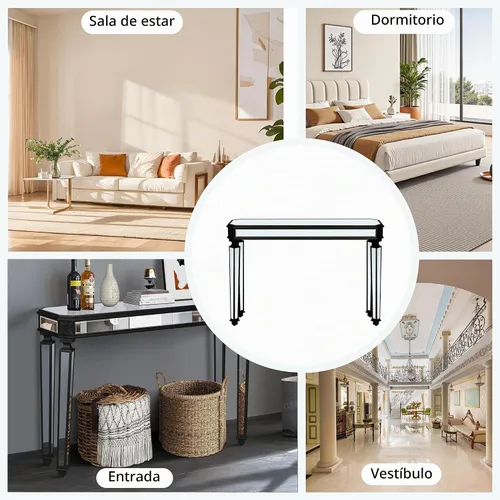 Vista 9 de Mesa Consola Negra con Espejo, Mesa de Sofá de Cristal Rectangular de 48 pulgadas con Elementos Tallados Vintage con Espejo, Muebles de Espejo