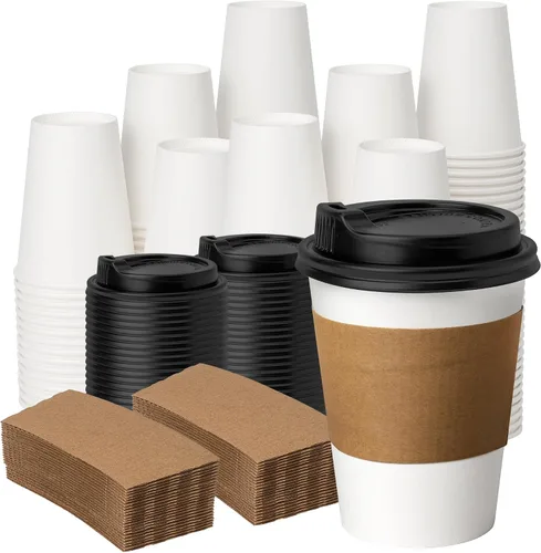 Vista 12 de YEEHAW - Paquete de 50 tazas de café de 12 onzas con tapas y fundas Mangas Kraft blancas