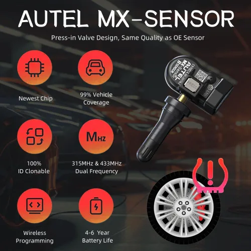 Vista 4 de Autel Sensores TPMS 2 en 1 Sensor MX-Sensor 315Mhz/433Mhz Sensor de presión de neumáticos, sensores TPMS inalámbricos programables y clonables a