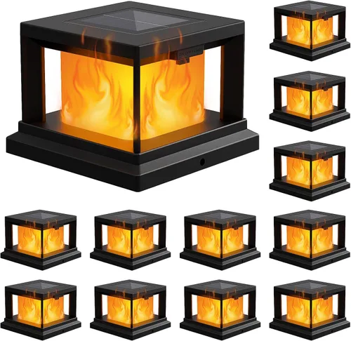Vista 8 de Paquete de 8 luces solares para exteriores, luces solares impermeables para punta de poste de 4 x 4 con llama parpadeante, luces de poste de alta